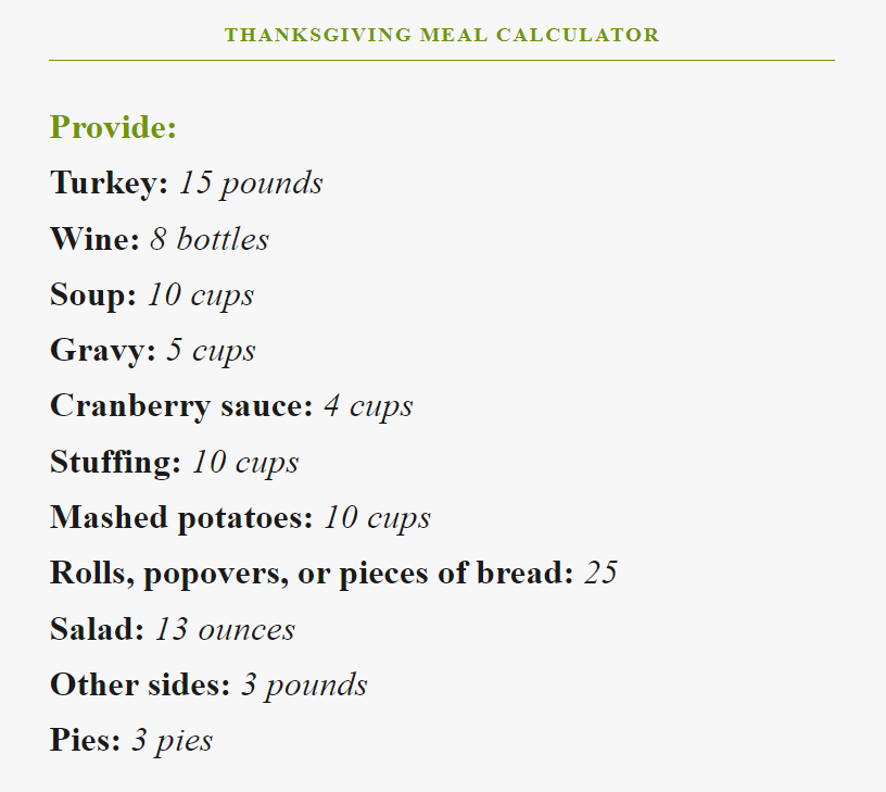Thanksgiving meal calculator