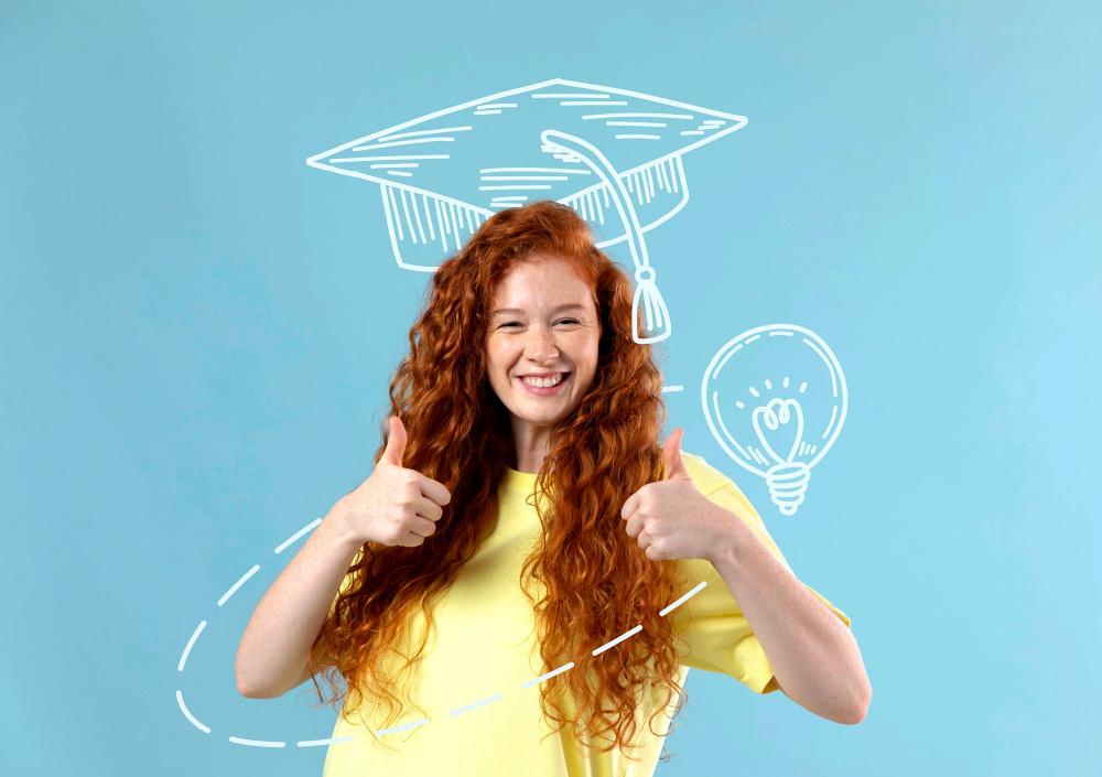 Woman posing with graduation background